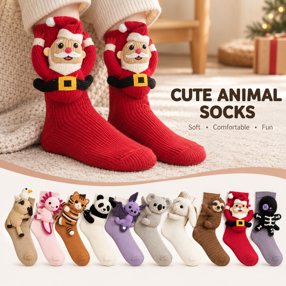 3D Animal Character Knit Crew Socks – Funny Cozy Socks for Everyday Lounging & Gifts