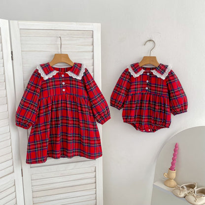 Christmas Red Plaid Girls Dress & Baby Romper – Cotton Long Sleeve Sister Matching Outfit