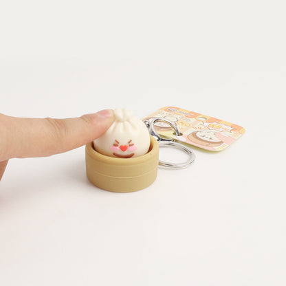 Simulation Steamed Bun Squishy Keychain Steamer Basket Emoji Bao Press Toy Pendant