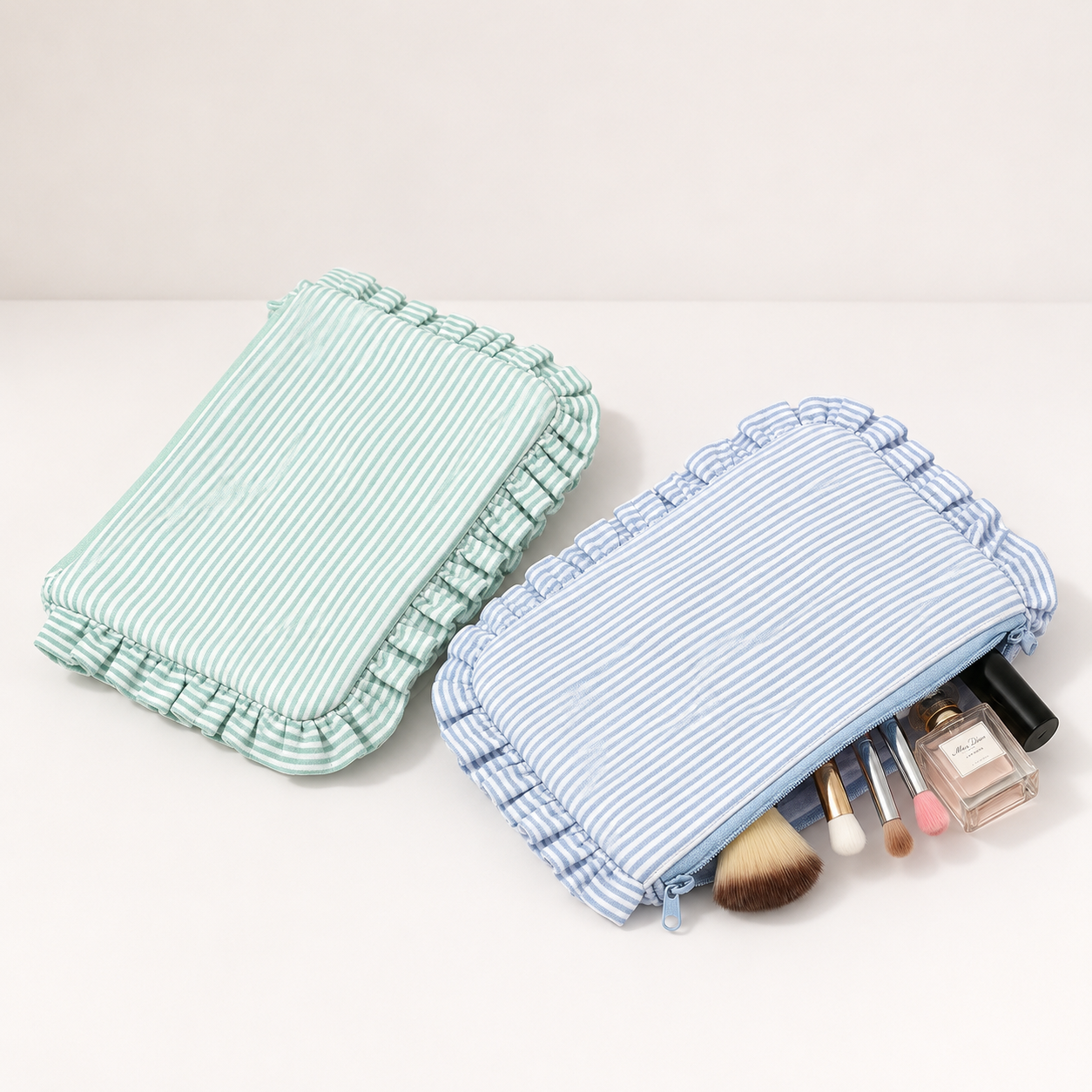 Striped Ruffle Cosmetic Bag – Toiletry & Travel Pouch