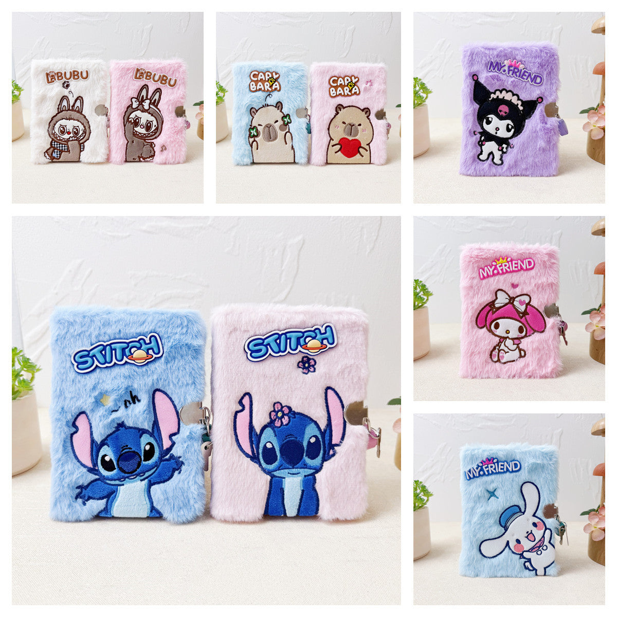 Cartoon Embroidered Plush Lock Diary 64K Soft Cover Journal Notebook Gift