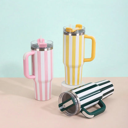 Stripe 40oz Insulated Tumbler with Handle & Straw Car Travel Mug Cold Stainless Steel Cup