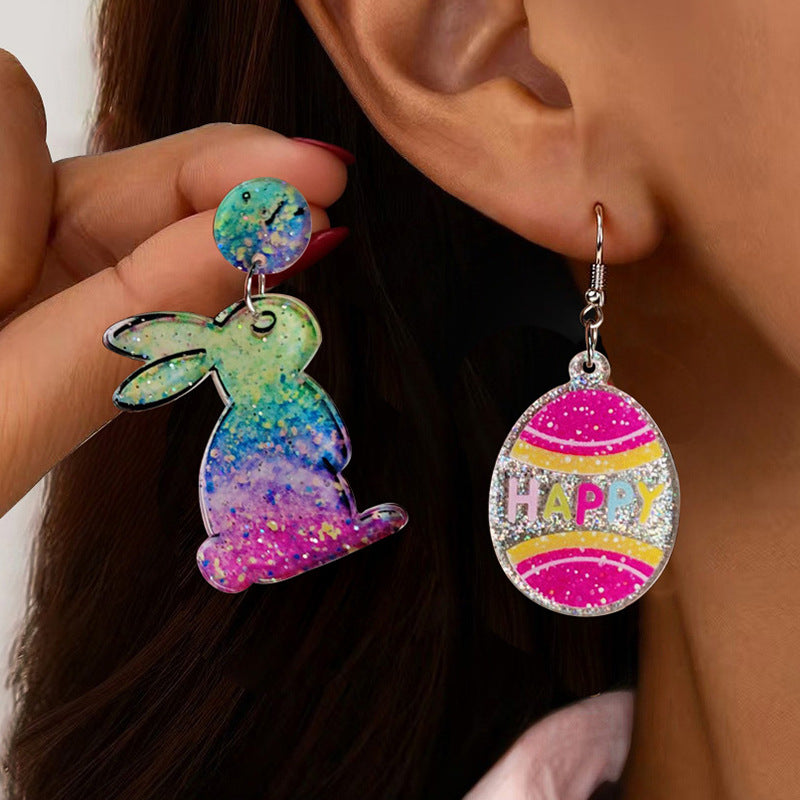 Easter Asymmetrical Bunny & Egg Acrylic Stud Earrings Creative Mismatch Ear Jewelry