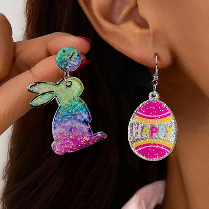 Easter Asymmetrical Bunny & Egg Acrylic Stud Earrings Creative Mismatch Ear Jewelry