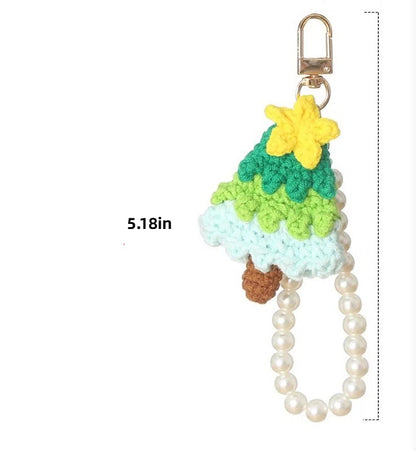 Christmas Gift Crochet Knitted Pearl Keychain Ornament Christmas Tree Shaped Decoration