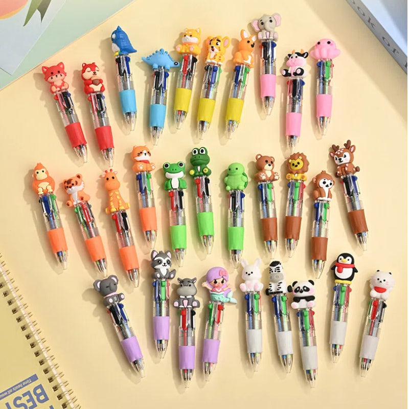 Back to School Animal Silicone 4-Color Mini Retractable Ballpoint Pen Cartoon Gel Grip Writing Pen