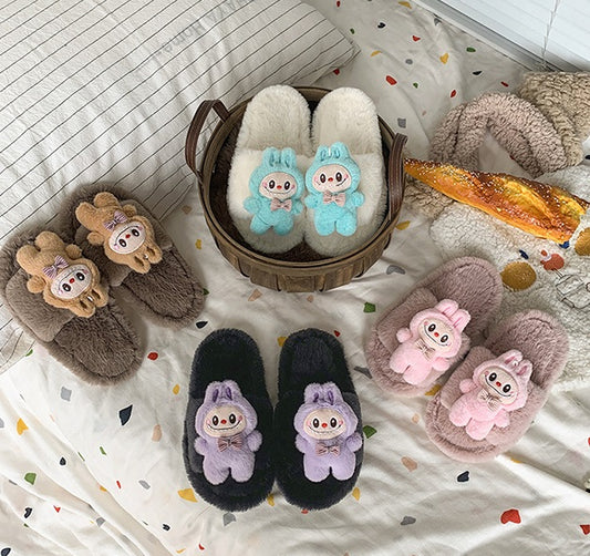 Kids Plush Slippers Fall/Winter New Labubu Stuffed Doll Tie-Dyed Unisex Cozy Non-Slip Slide Slippers