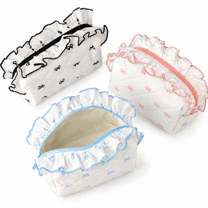 Diamond Quilted Ruffle Floral, Bow Print Makeup Cosmetic Bag – Toiletry & Travel Pouch