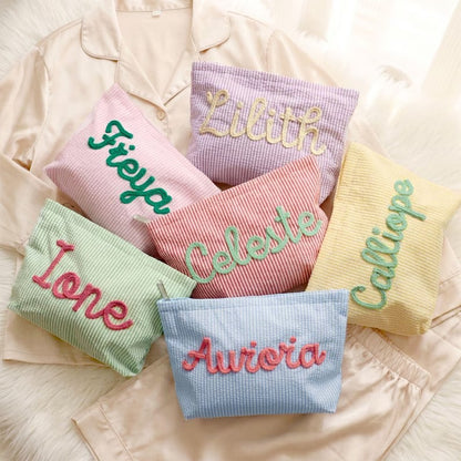 Personalized Yarn Embroidered Striped Seersucker Cosmetic Bag – Custom Name Pouch