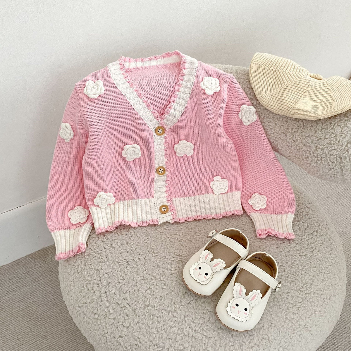 Girls Floral Knit Cardigan – 3D Crochet Flower Button-Up Sweater with Contrast Ribbed Trim