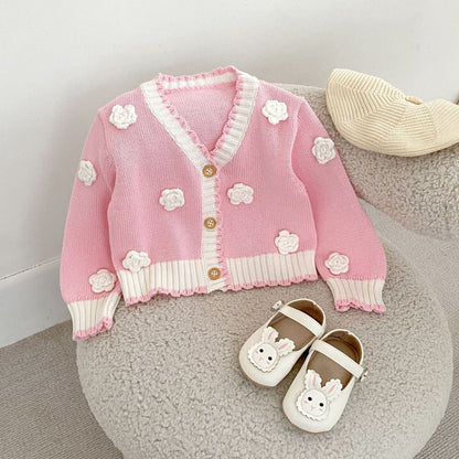 Girls Floral Knit Cardigan – 3D Crochet Flower Button-Up Sweater with Contrast Ribbed Trim