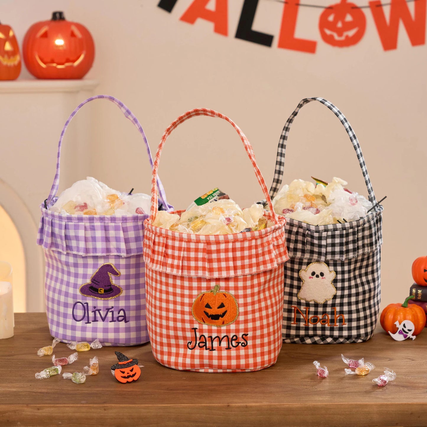 Personalized Halloween Trick or Treat Basket for Kids – Custom Name, Embroidered Patch & Gingham Candy Bucket