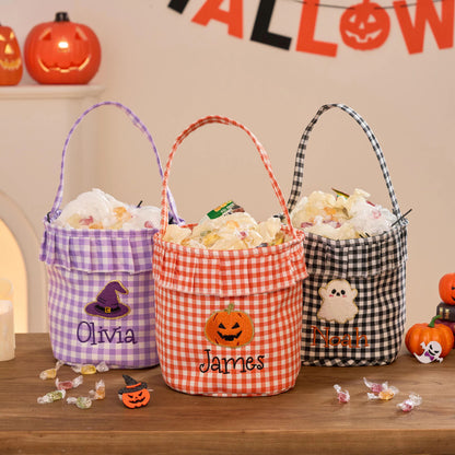 Personalized Halloween Trick or Treat Basket for Kids – Custom Name, Embroidered Patch & Gingham Candy Bucket