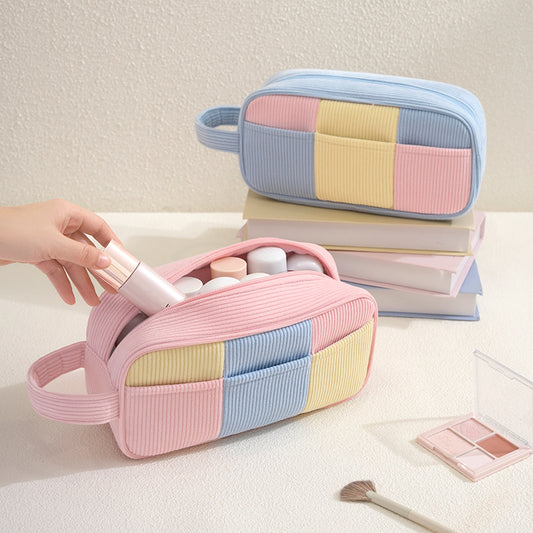 Color Block Corduroy Makeup Bag – Large Capacity Cosmetic Storage Pouch with Handle