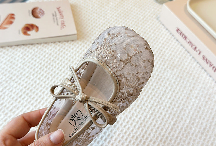 Girls Lace Bow Ballet Flats – Elastic Strap Dress Shoes & Backless Slippers