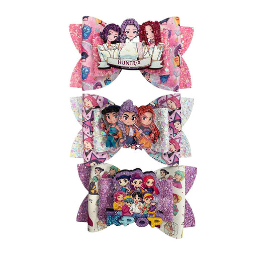 K-Pop Demon Hunters Glitter Bow Hair Clips, Cute Cartoon Character Barrettes for Girls