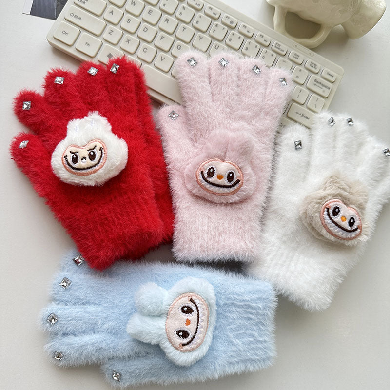 Winter Knit Gloves with Plush Doll Decoration Warm Fuzzy Rhinestone Finger Gloves for Parent Child Matching