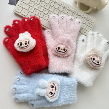 Winter Knit Gloves with Plush Doll Decoration Warm Fuzzy Rhinestone Finger Gloves for Parent Child Matching