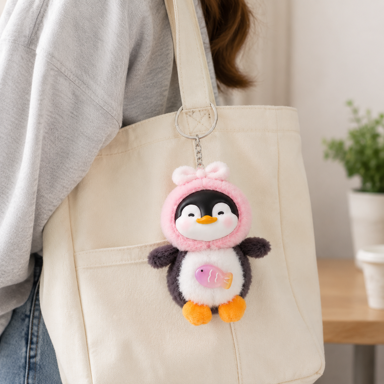 Plush Penguin Bag Charm Keychain with Vinyl Face Fuzzy Animal Accessory for Bags & Gifts