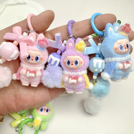 Flocked Labubu King Figure Desktop Ornament KPOP Anime Collectible Toy Decoration Keychain