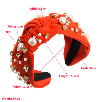 Wide Knotted Headband with Pearls & Rhinestones Padded Fashion Hair Band for Women & Girls