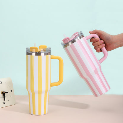 Stripe 40oz Insulated Tumbler with Handle & Straw Car Travel Mug Cold Stainless Steel Cup