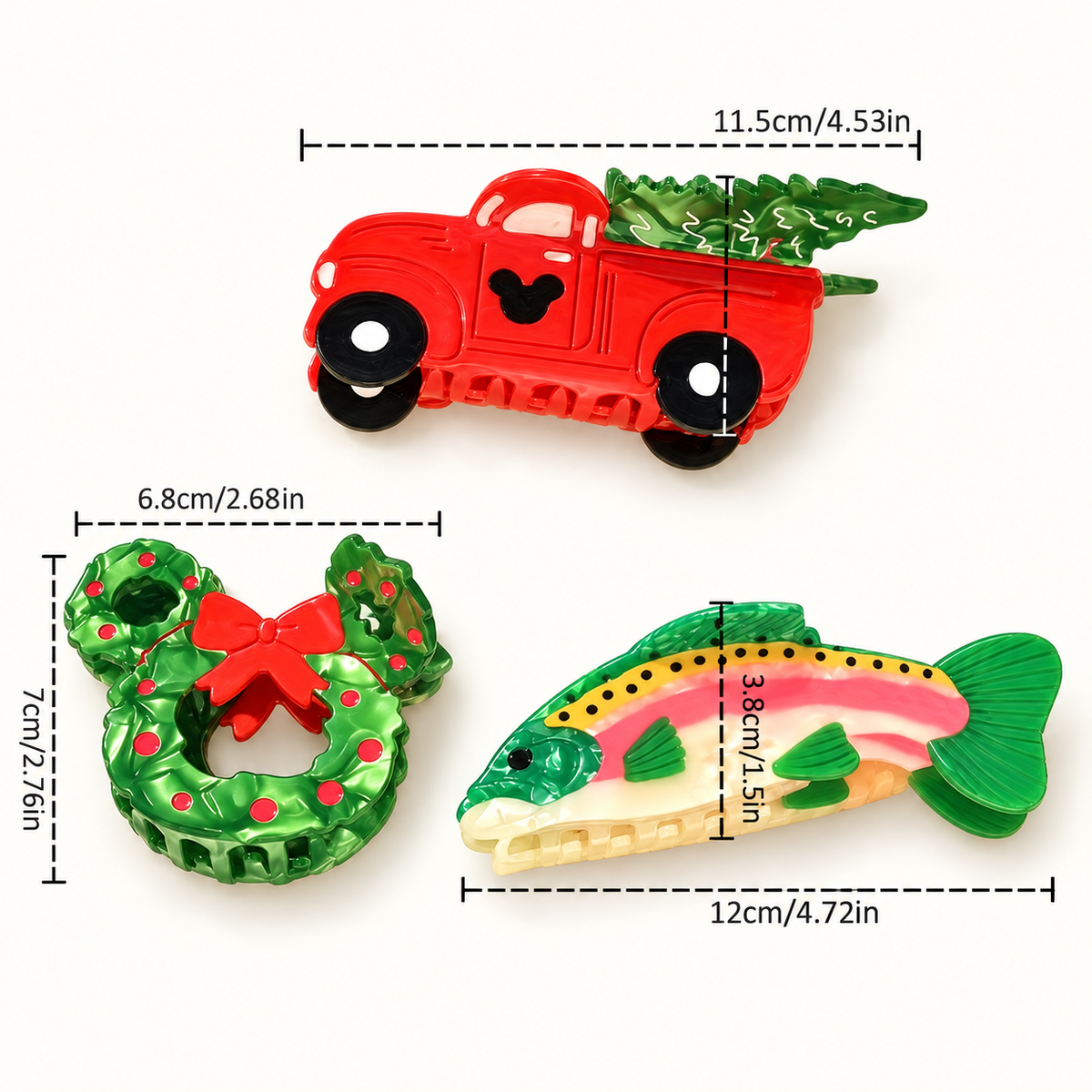 Acetate Hair Claw Clips – Christmas Wreath, Santa Hat, Holiday Truck & Colorful Fish Styles, Everyday Hair Accessories & Gifts