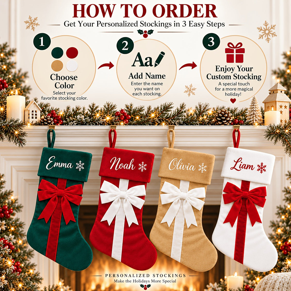 Personalized Christmas Stockings with Velvet Bow – Custom Name Embroidered Holiday Stocking, Red Green Beige White Christmas Tree & Fireplace Decor