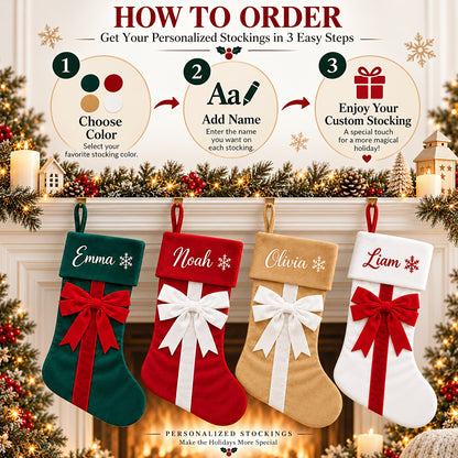 Personalized Christmas Stockings with Velvet Bow – Custom Name Embroidered Holiday Stocking, Red Green Beige White Christmas Tree & Fireplace Decor