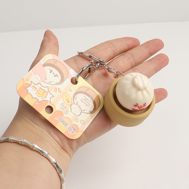 Simulation Steamed Bun Squishy Keychain Steamer Basket Emoji Bao Press Toy Pendant