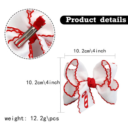 Girls Christmas Embroidered Hair Bow Clips with Scalloped Edges – Festive Grosgrain Ribbon Bows, Pack of 10