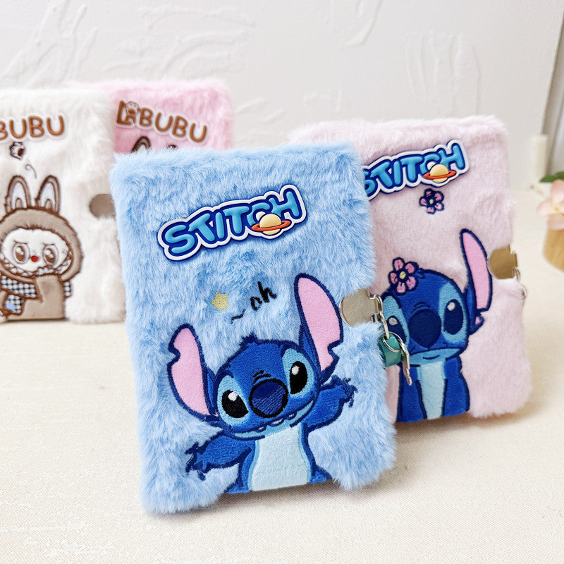 Cartoon Embroidered Plush Lock Diary 64K Soft Cover Journal Notebook Gift