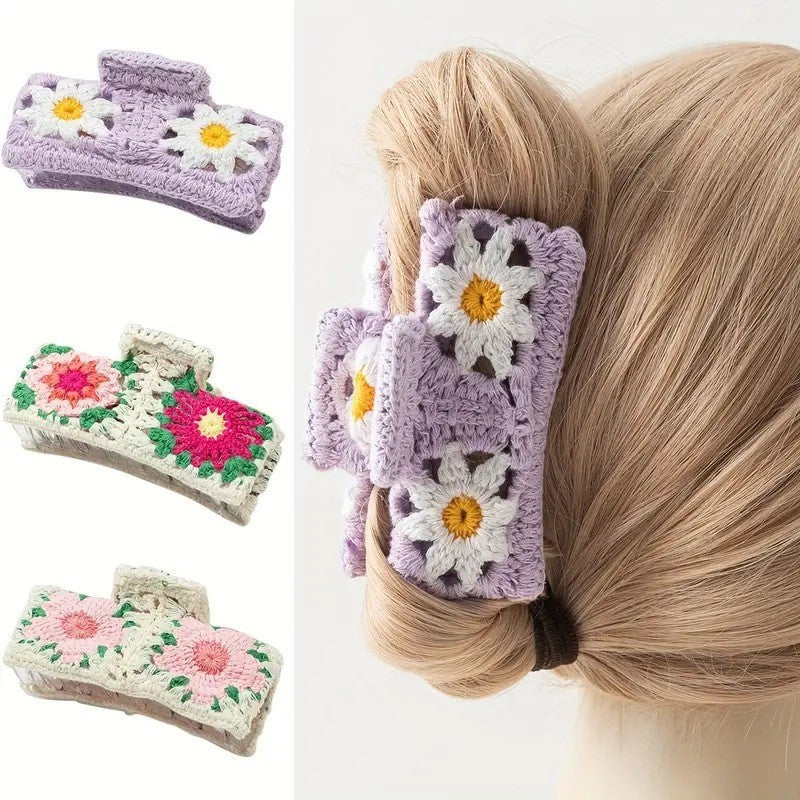 Crochet Flower Hair Claw Clip Strawberry Daisy Cottagecore Style Hair Accessory