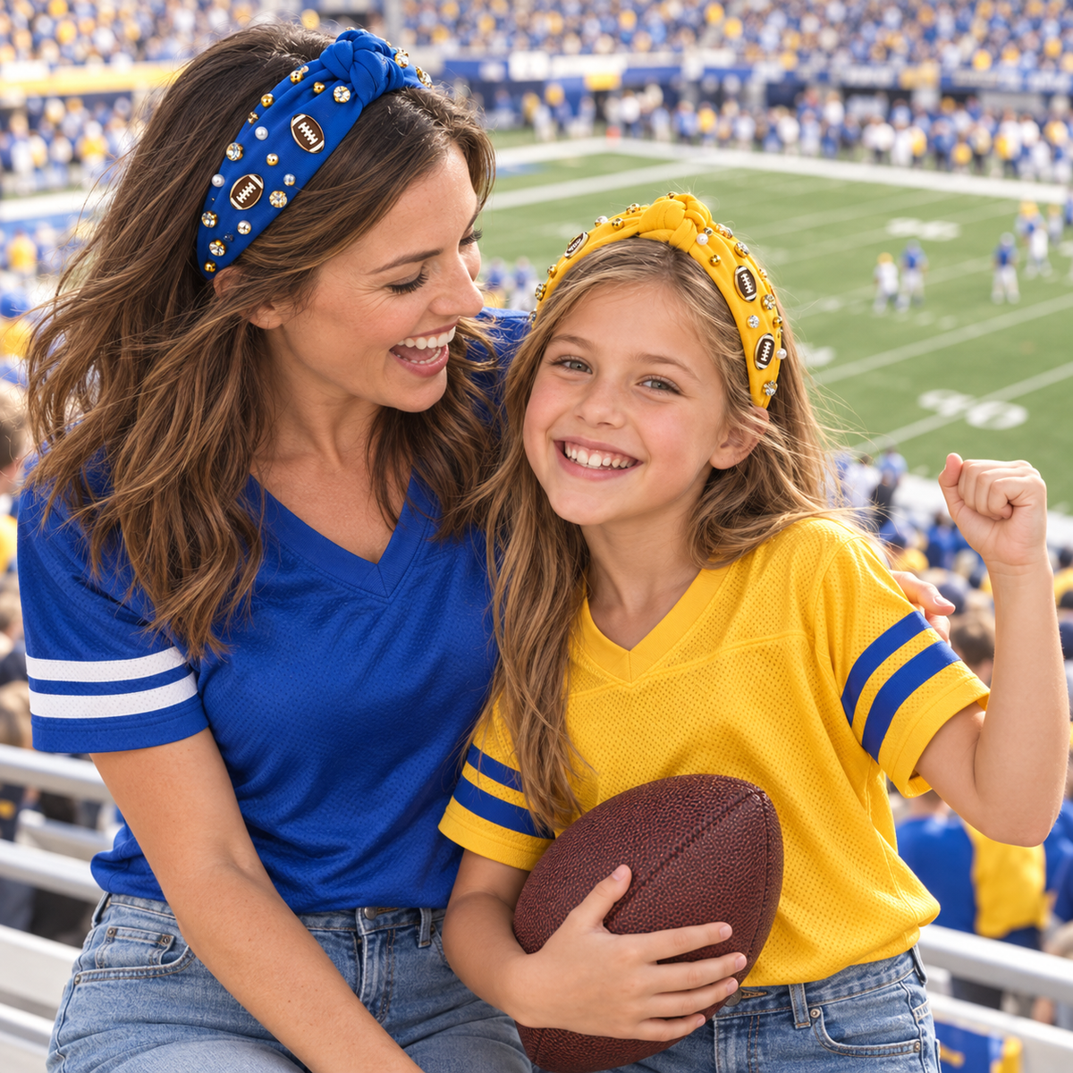 American Football Top Knot Headband with Pearls & Rhinestones – Wide Hair Accessory, Game Day Gift for Fans