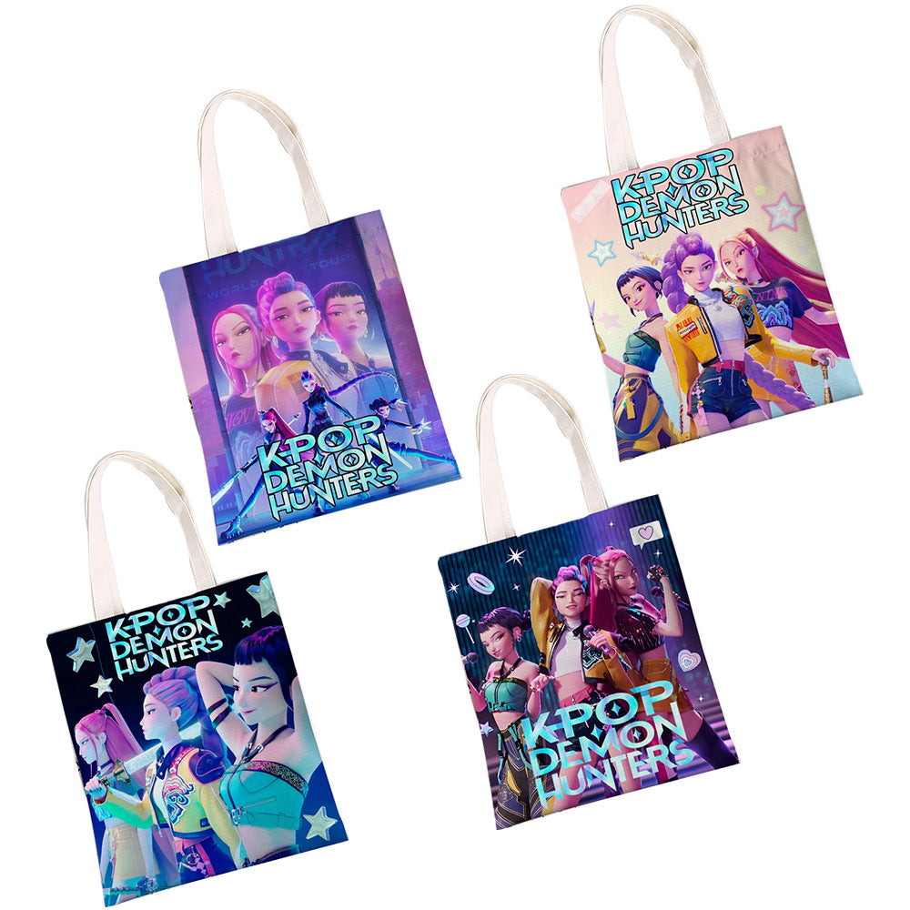 K-Pop Demon Hunters & Fansa Boy Group Double-Sided Printed Canvas Tote Bag, Large Capacity Shoulder Bag