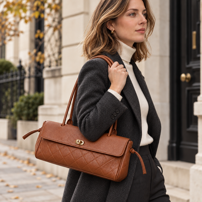 Top-Grain Cowhide Leather Shoulder Bag – East-West Quilted Flap Handbag with Double Handles & Gold-Tone Hardware