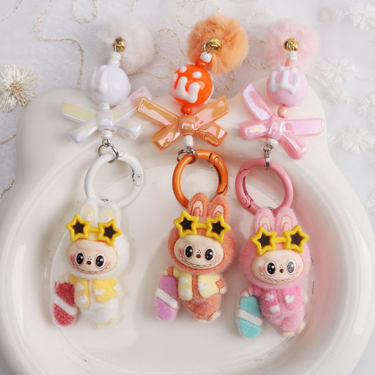 New Flocked Surfboard Sunglasses Labubu Beaded Keychain Cute Charm Bag Pendant Accessory