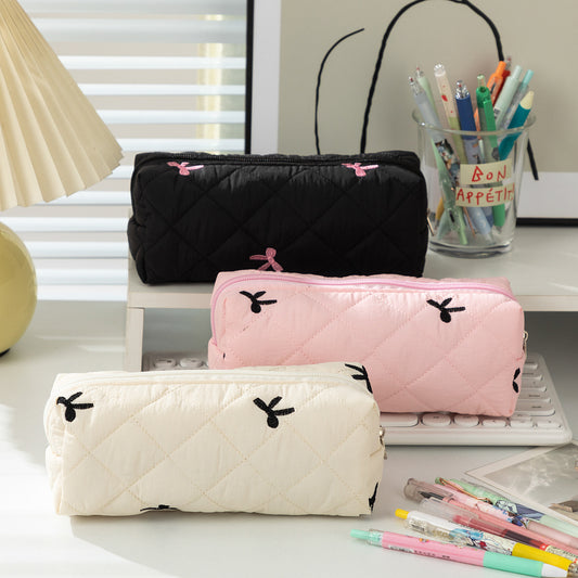 Bow Embroidered Large Capacity Pencil Case Portable Pen Pouch Stationery Organizer