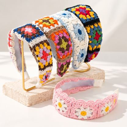 Handmade Crochet Flower Headband Colorful Floral Knitted Hair Band Boho Hair Accessory for Women & Girls