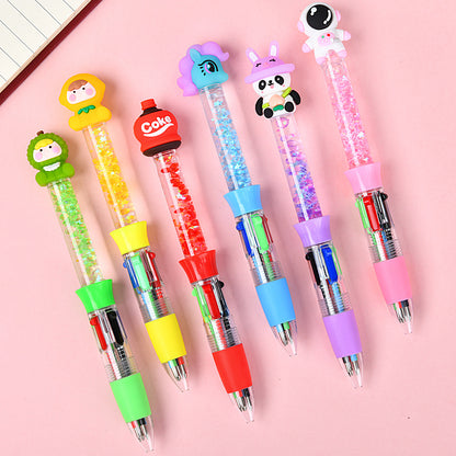 Glitter Quicksand 4-Color Retractable Ballpoint Pens Cartoon Gel Ink Pens with Fun Floating Liquid Design