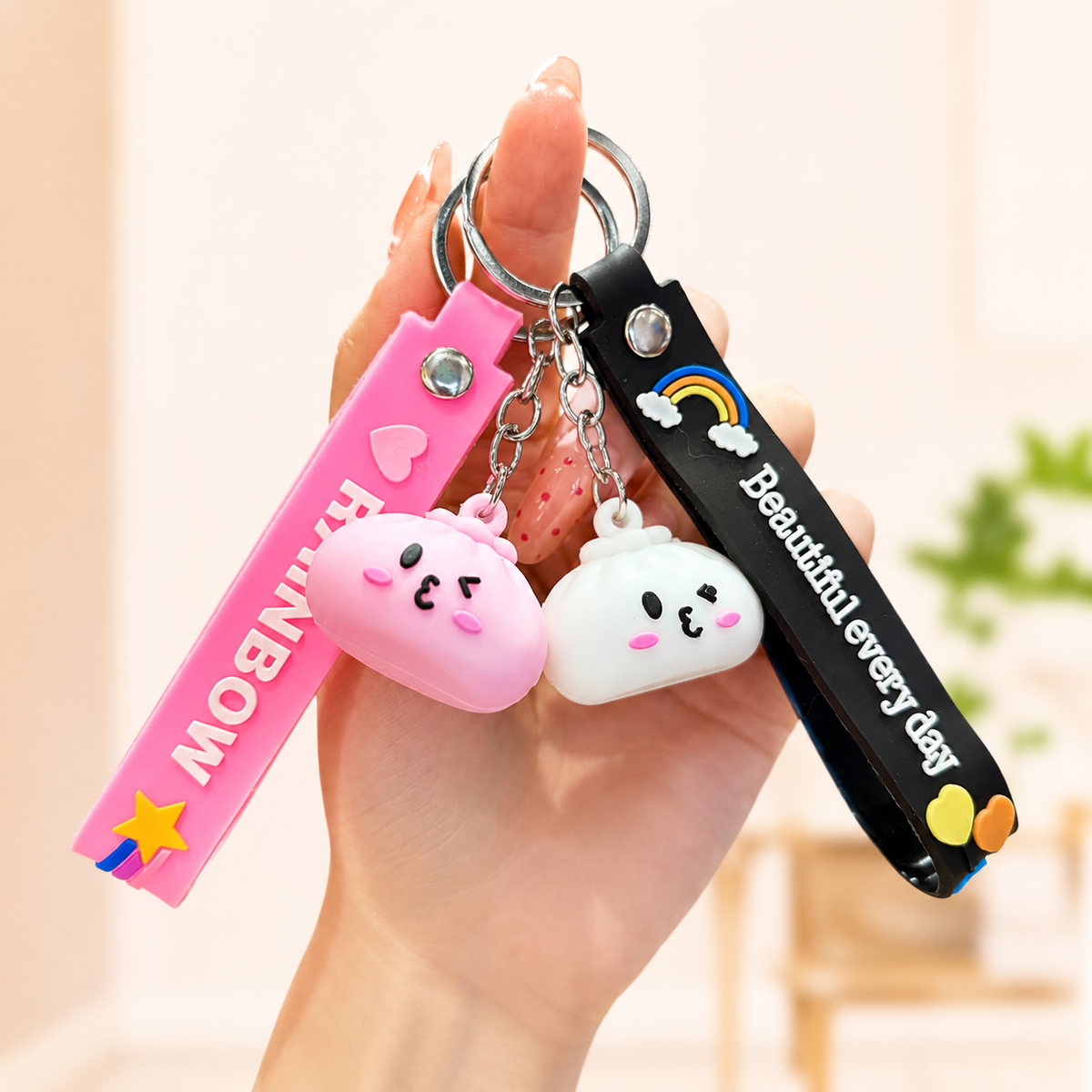 Cute Kawaii Dumpling Silicone Keychain with Rainbow Wrist Strap