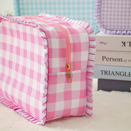 Striped Plaid Ruffles Cosmetic Bag Simple & Fresh Travel Makeup and Toiletry Pouch