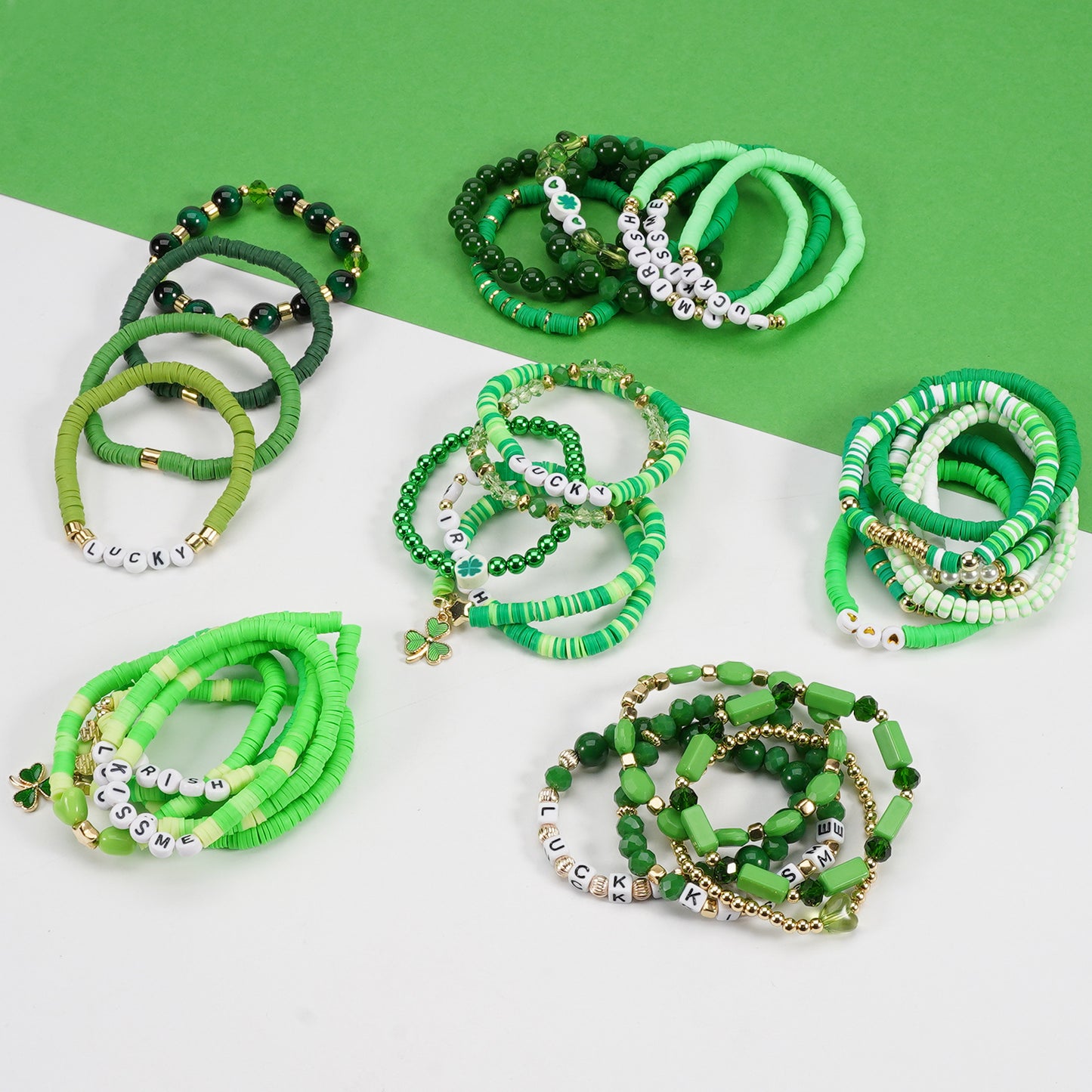 St. Patrick’s Day Green Beaded Bracelet Set with Lucky Shamrock Charm