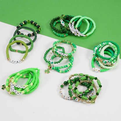 St. Patrick’s Day Green Beaded Bracelet Set with Lucky Shamrock Charm