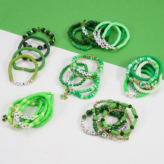 St. Patrick’s Day Green Beaded Bracelet Set with Lucky Shamrock Charm