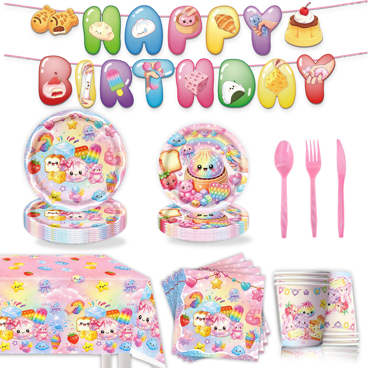 Kawaii Squishy Toy Themed Birthday Party Supplies – Cute Cartoon Paper Plates, Cups, Napkins, Tablecloth & Decorations