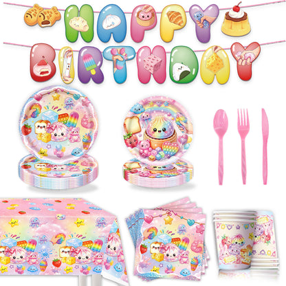 Kawaii Squishy Toy Themed Birthday Party Supplies – Cute Cartoon Paper Plates, Cups, Napkins, Tablecloth & Decorations