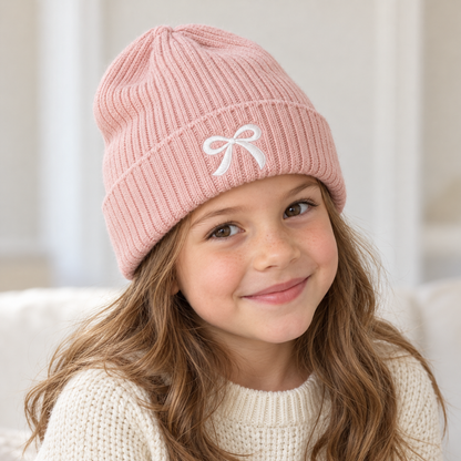 Girls Bow Embroidered Knit Beanie – Ribbed Cuffed Winter Hat, Ages 3–10