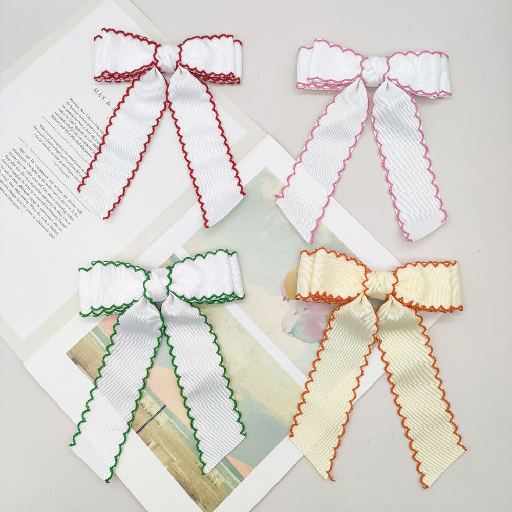 Girls Grosgrain Ribbon Bow Hair Clip – Contrast Scalloped Stitching & Long Ribbon Tails