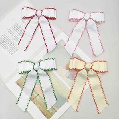 Girls Grosgrain Ribbon Bow Hair Clip – Contrast Scalloped Stitching & Long Ribbon Tails